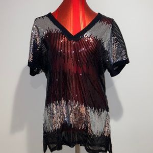 Inc International Concepts Sheer and Sparkly Pullover V neck Top.